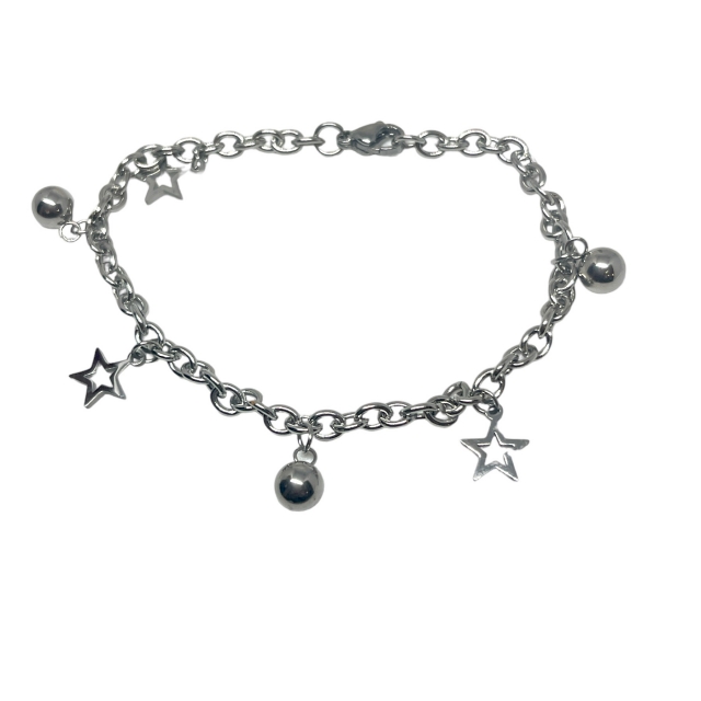 Pulsera Acero Dijes Bolitas Estrellas Caladas