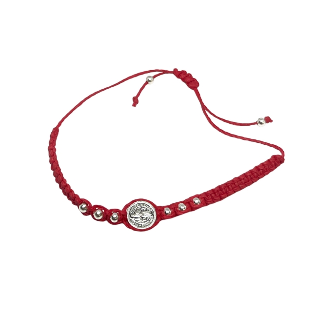 Pulsera Acero Blanco Tejida  Hilo Rojo Dije San Benito