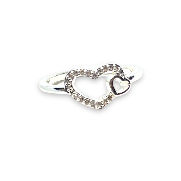 Anillo Acero Blanco Micropave Doble Corazon