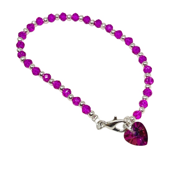 Pulsera Acero Blanco Bolitas Cristales Corazón Fucsia