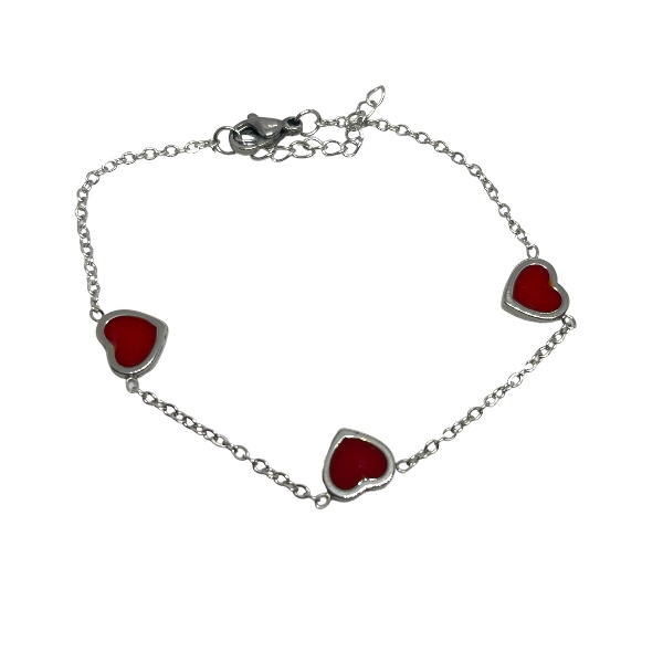 Pulsera Acero Corazones Rojos Esmaltados