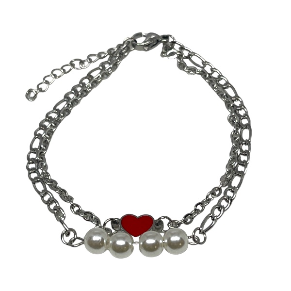 Pulsera Acero Doble Perla Corazón rojo