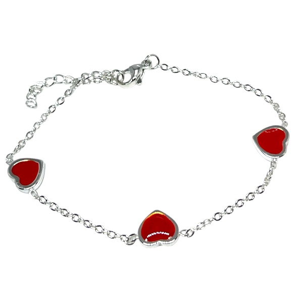 Pulsera Acero Blanco Corazones Rojo