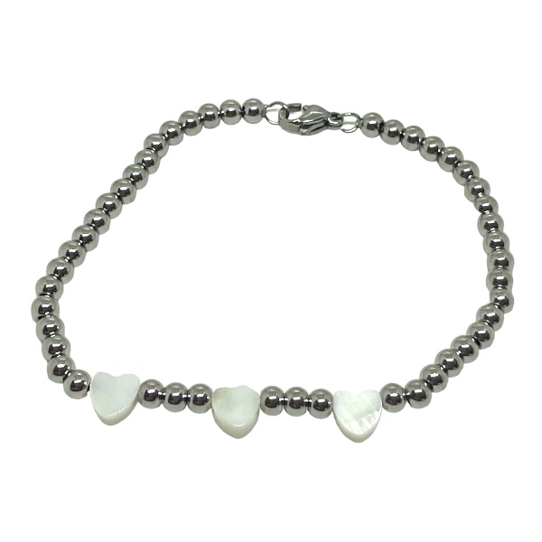 Pulsera Acero Bolitas Dijes Nácar Corazón 