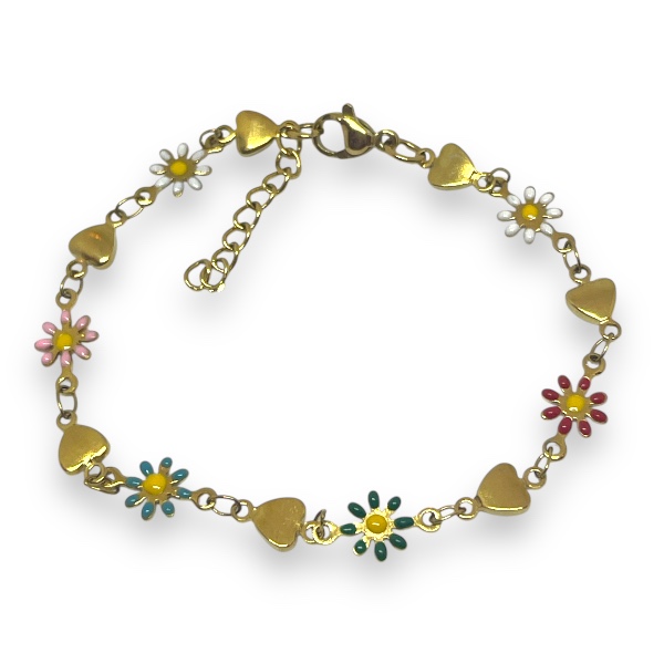 Pulsera Acero Dorado Margaritas Corazones