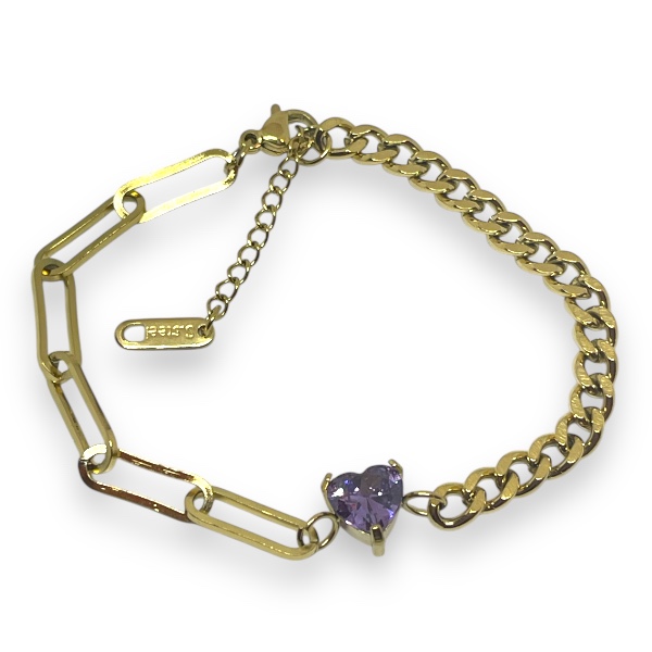 Pulsera Acero Dorado Cadena Combinada Corazón Cristal