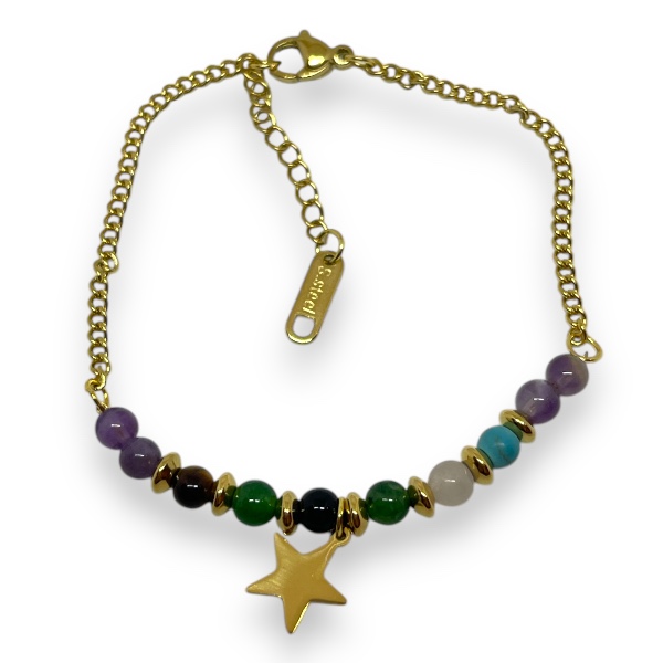 Pulsera Acero Dorado Piedras Multicolor Dije Estrella 