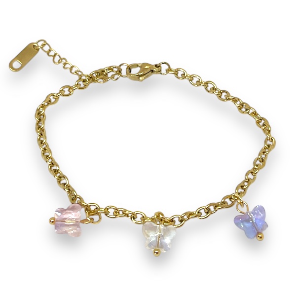 Pulsera Acero Dorado Cristal Mariposa 