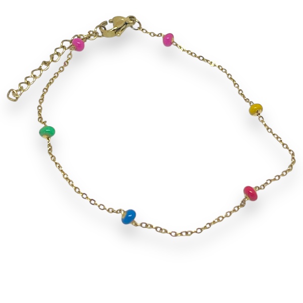 Pulsera Acero Dorado Bolitas Multicolor 