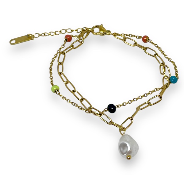 Pulsera Acero Dorado Doble Bolitas Multicolor  Perla