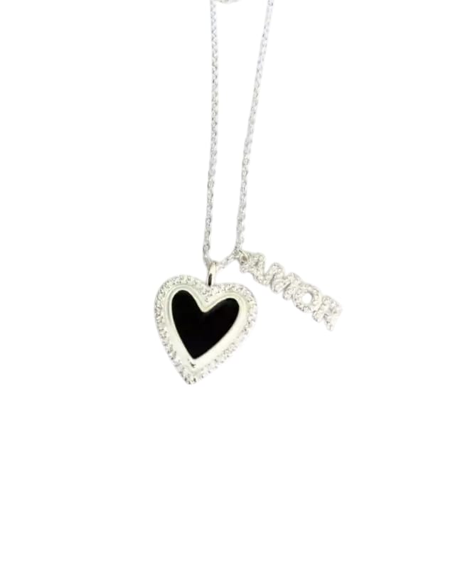 Collar acero blanco con corazon esmaltado negro con frase amor