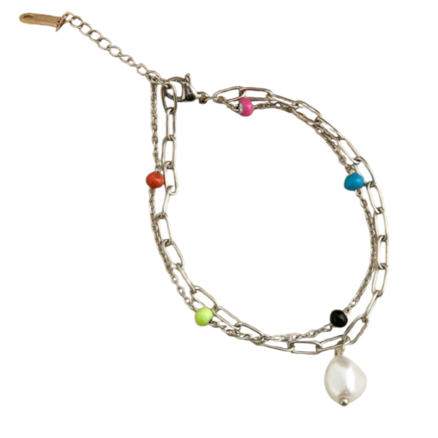 Pulsera acero doble con dije perla