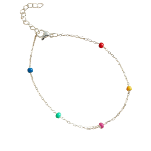 Pulsera acero blanco con bolitas de colores