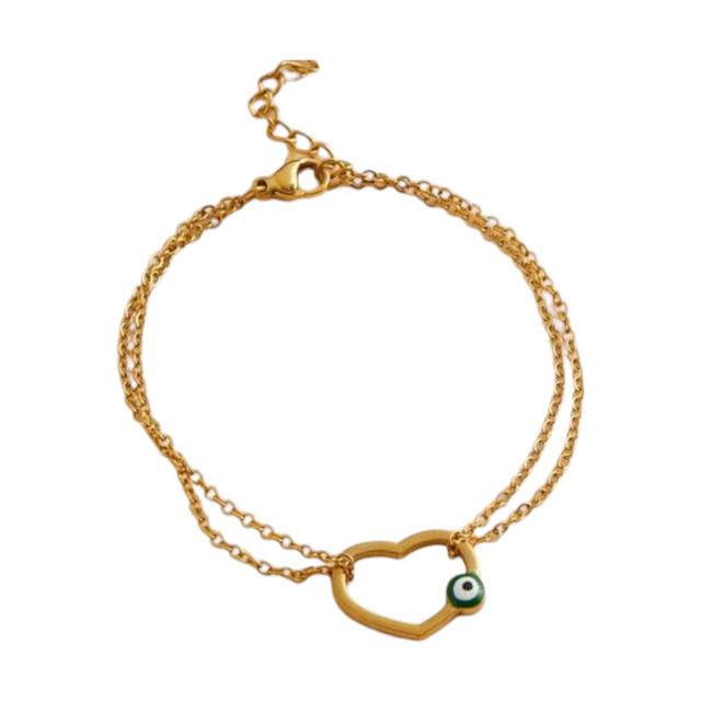 Pulsera acero dorado dije corazon calado con ojito