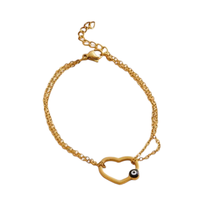 Pulsera acero dorado con dije corazon calado con ojito