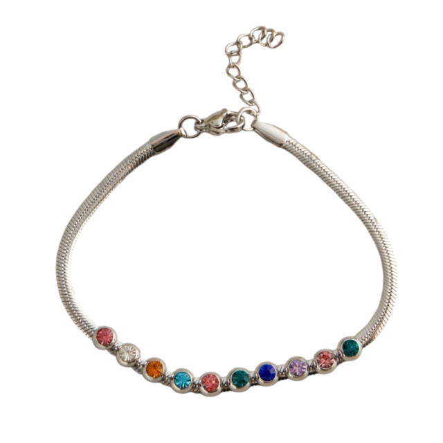 Pulsera acero chata con varios dijes de colores de strass