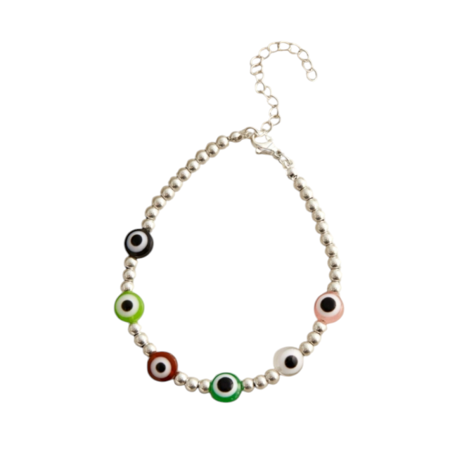 Pulsera acero blanco bolitas con ojo turco