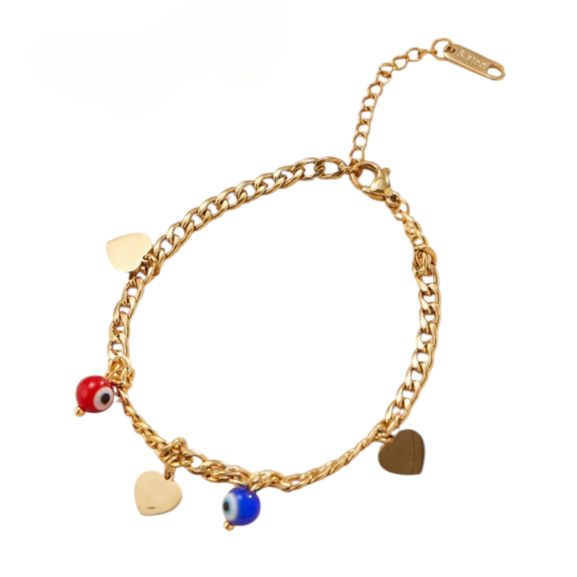 Pulsera acero dorado con dijes ojitos colgando