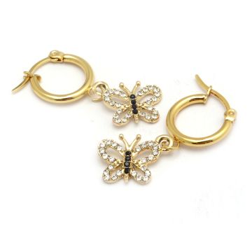 Aro Argolla Acero Dorado Mariposa Strass Blanco