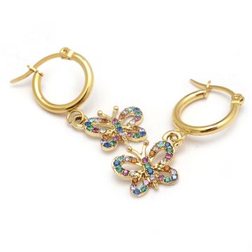 Aro Acero Dorado Argolla Mariposa Strass Color