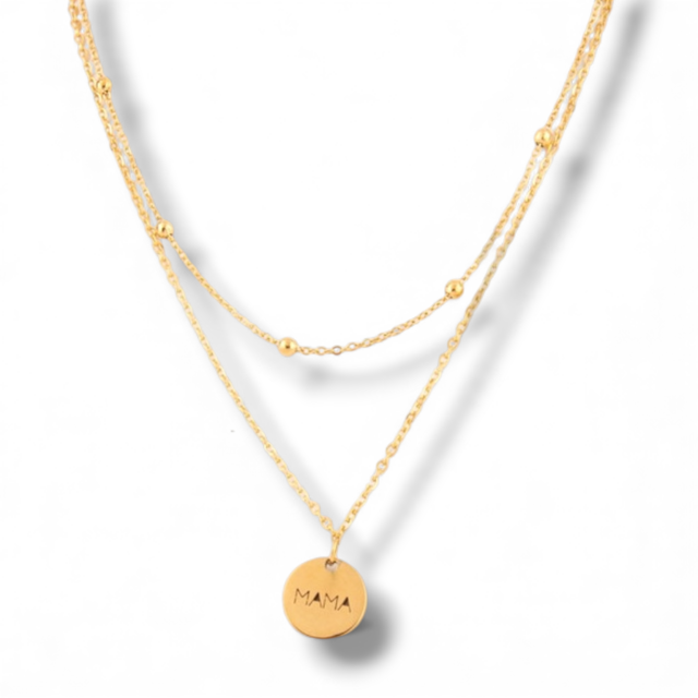 COLLAR ACERO DORADO DOBLE DIJE MAMÁ 