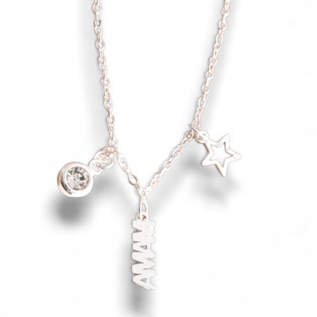 COLLAR ACERO BLANCO DIJE MAMÁ, CUBIC ESTRELLA