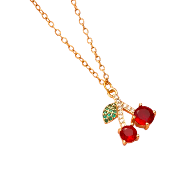 COLLAR ACERO DORADO DIJE CEREZA STRAS CUBIC COLOR