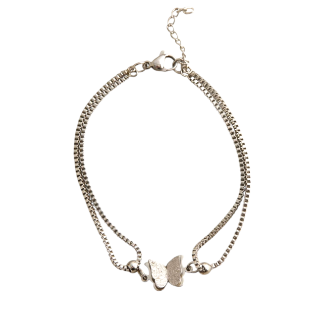 PULSERA ACERO DOBLE DIJE MARIPOSA BRILLO