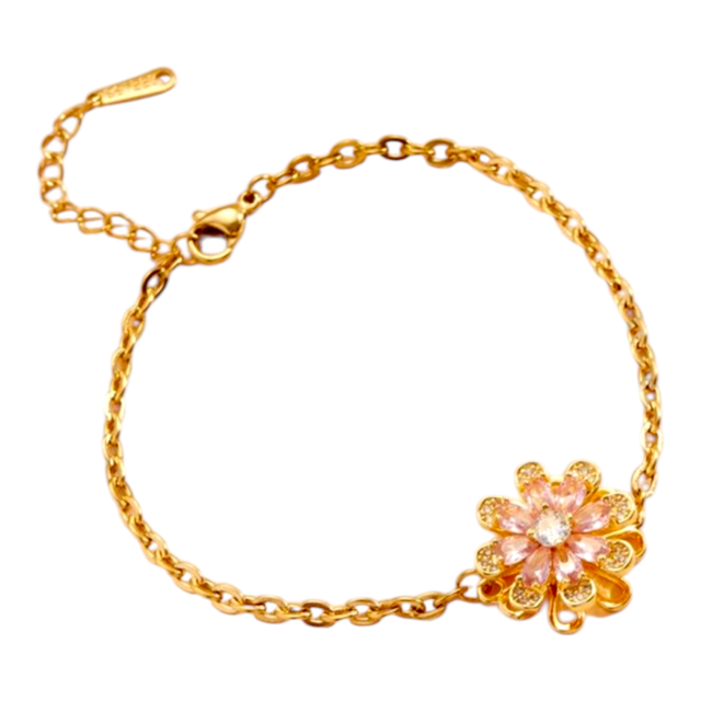 PULSERA ACERO DORADO DIJE BRONCE DE FLOR GIRATORIA COLOR SURTIDO 