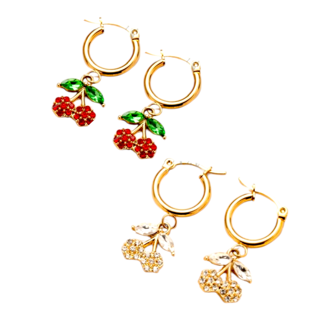 ARO ACERO DORADO ARGOLLA CON DIJE CEREZAS STRASS