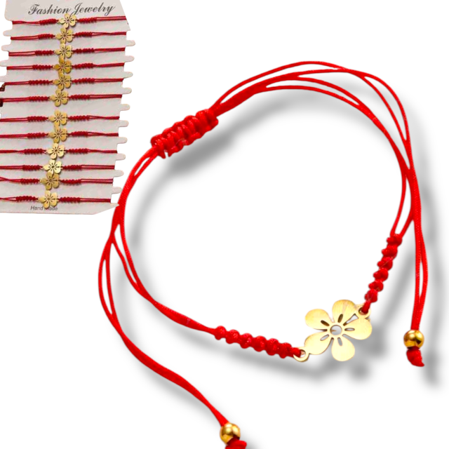PULSERA ACERO DORADO HILO ROJO DIJE FLOR PACK POR 12