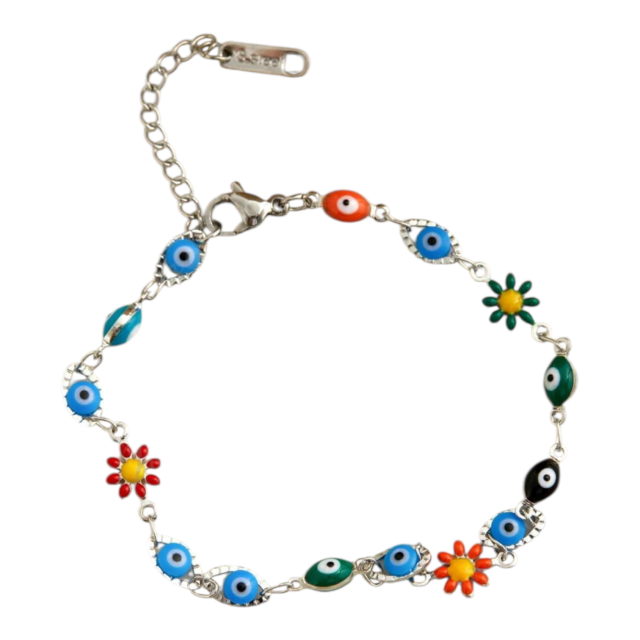 PULSERA ACERO OJITOS MULTICOLOR MARGARITAS 