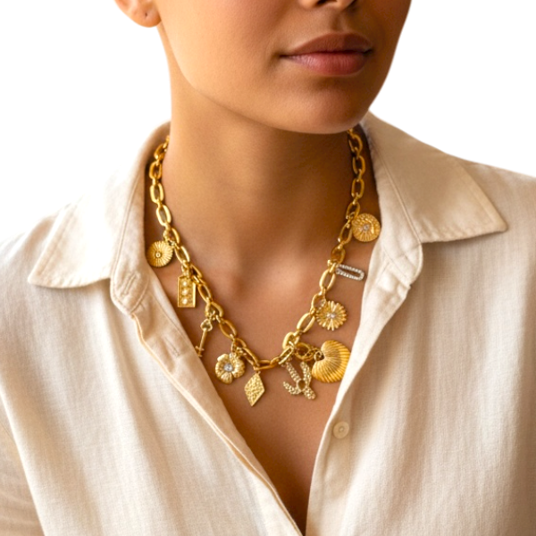 COLLAR ACERO DORADO MULTIDIJES CORAZÓN LABRADO 