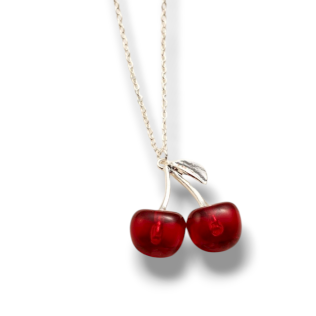 COLLAR ACERO BLANCO DIJE CEREZA GRANDE