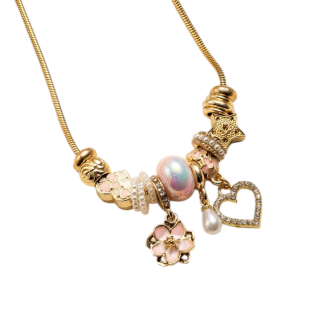 COLLAR ACERO DORADO MULTI CHARMS CORAZÓN FLOR ROSA