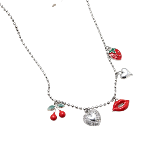 COLLAR ACERO MULTIDIJES FRUTILLA BESO CEREZA