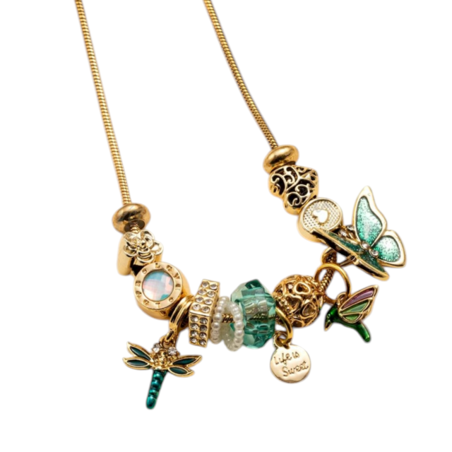 COLLAR ACERO DORADO MULTI CHARMS MARIPOSA VERDE