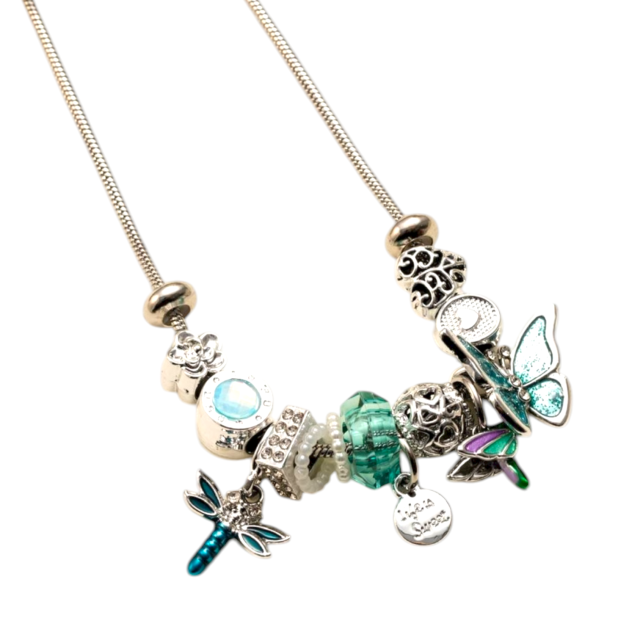 COLLAR ACERO MULTI CHARMS MARIPOSA VERDE