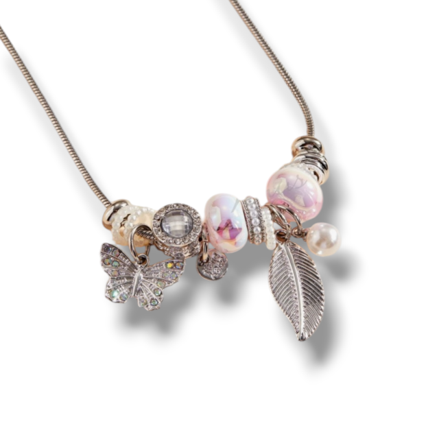 COLLAR ACERO MULTI CHARMS MARIPOSA HOJA