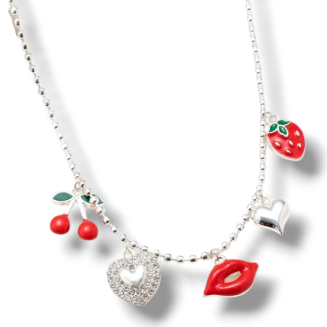 COLLAR ACERO BLANCO MULTI DIJES FRUTILLA BESO CEREZA