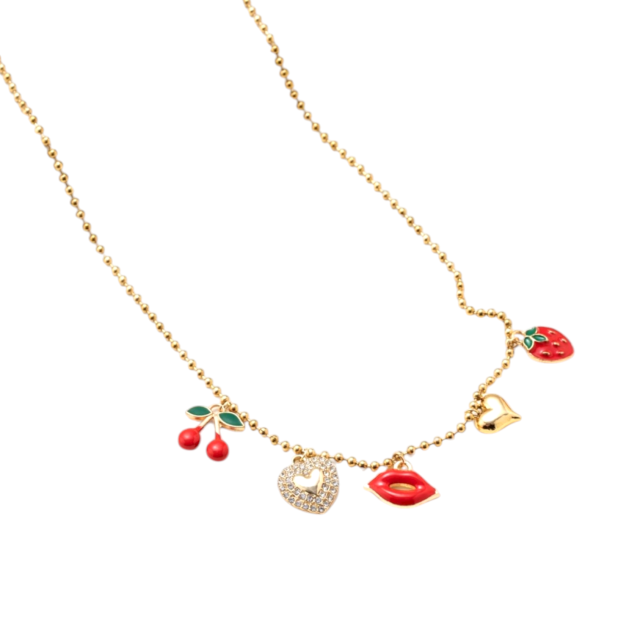 COLLAR ACERO DORADO MULTIDIJES CEREZA BESO FRUTILLA 