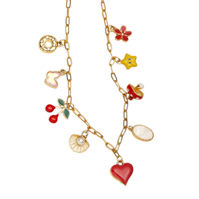 COLLAR ACERO DORADO MULTIDIJES CORAZÓN ROJO