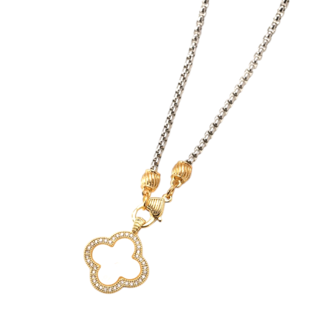 COLLAR ACERO COMBINADO DORADO DIJE TRÉBOL VC NÁCAR MICROPAVE