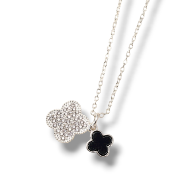 COLLAR ACERO BLANCO DOBLE DIJE TRÉBOL VC MICROPAVE