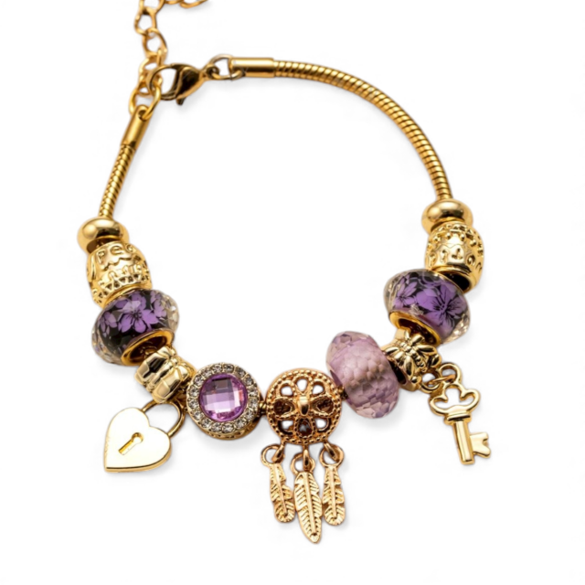 PULSERA ACERO DORADO CHARMS VIOLETA ATRAPASUEÑOS