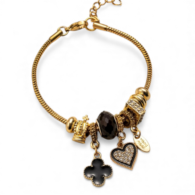 PULSERA ACERO DORADO CHARMS CORAZÓN TRÉBOL NEGRO