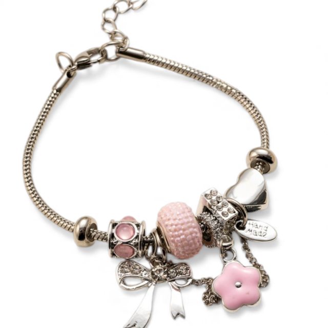 PULSERA ACERO CHARMS MOÑO ROSA