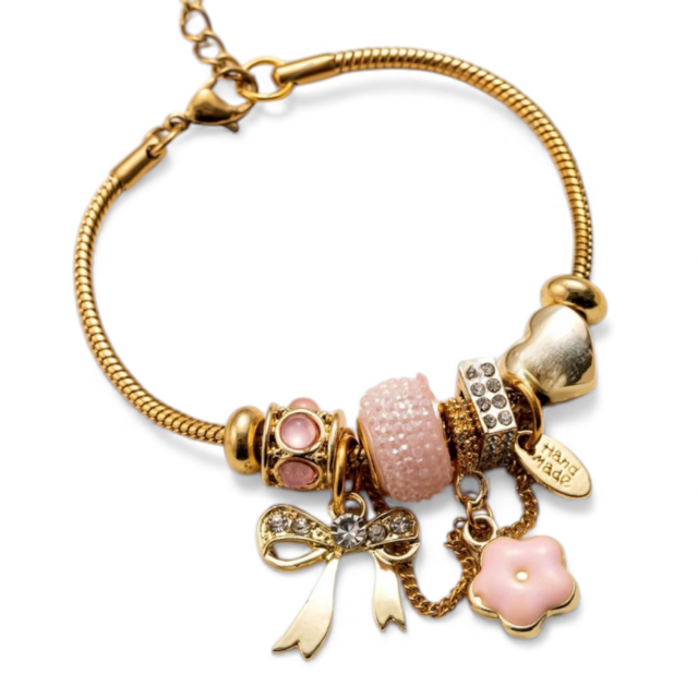 PULSERA ACERO DORADO CHARMS ROSA MOÑO