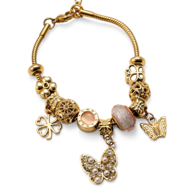 PULSERA ACERO DORADO CHARMS MARIPOSAS