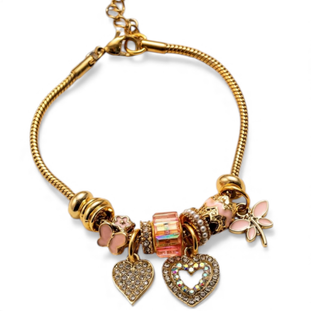 PULSERA ACERO DORADO CHARMS CORAZONES LIBÉLULA 